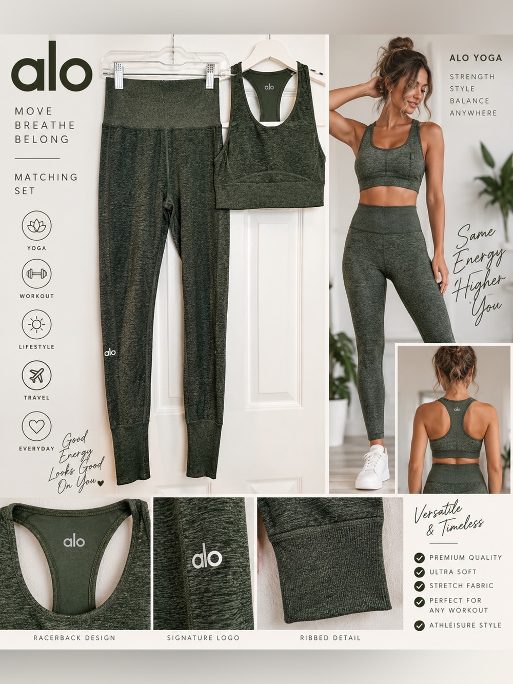 Alo Yoga Heathered Olive Green Sports Bra & Leggings Matching Set XS/S
Suggested